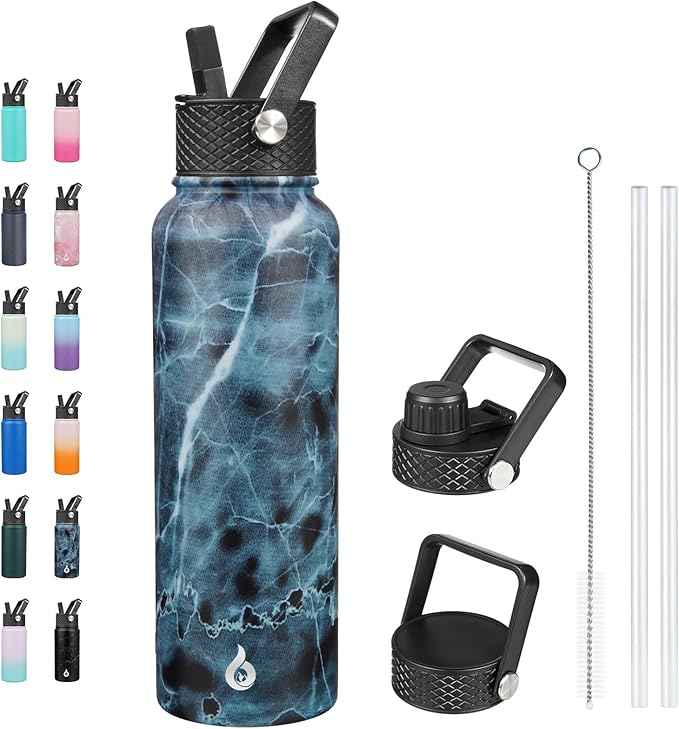 BJPKPK Insulated Water Bottles with Straw Lid, 40oz Stainless Steel Metal Water Bottle with 3 Lids, Reusable Thermo, Keep Cold Hot for Sports, Gym-Ocean