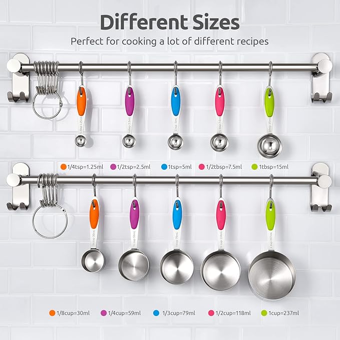 U-Taste Measuring Cups and Spoons Set:18/8 Stainless Steel 10 Pieces Metal Measure set (Multicolors),and 8"+10"+12" Kitchen Cooking Tweezer: 18/8 Stainless Steel Food-Grade Food Tong (Pointed Tip)