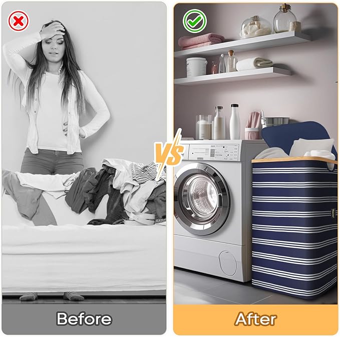 BALEINE Laundry Hamper with Lid, Tall Laundry Baskets with Bamboo Pull Handles, Large Laundry Bin with Internal Support (18 Gal/70L, Blue Pinstripe)