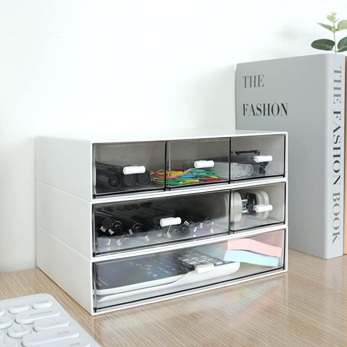 3 Tier Stackable Desk Organizer With 6 Drawers - Plastic Storage for Makeup and Desktop Organization (White)