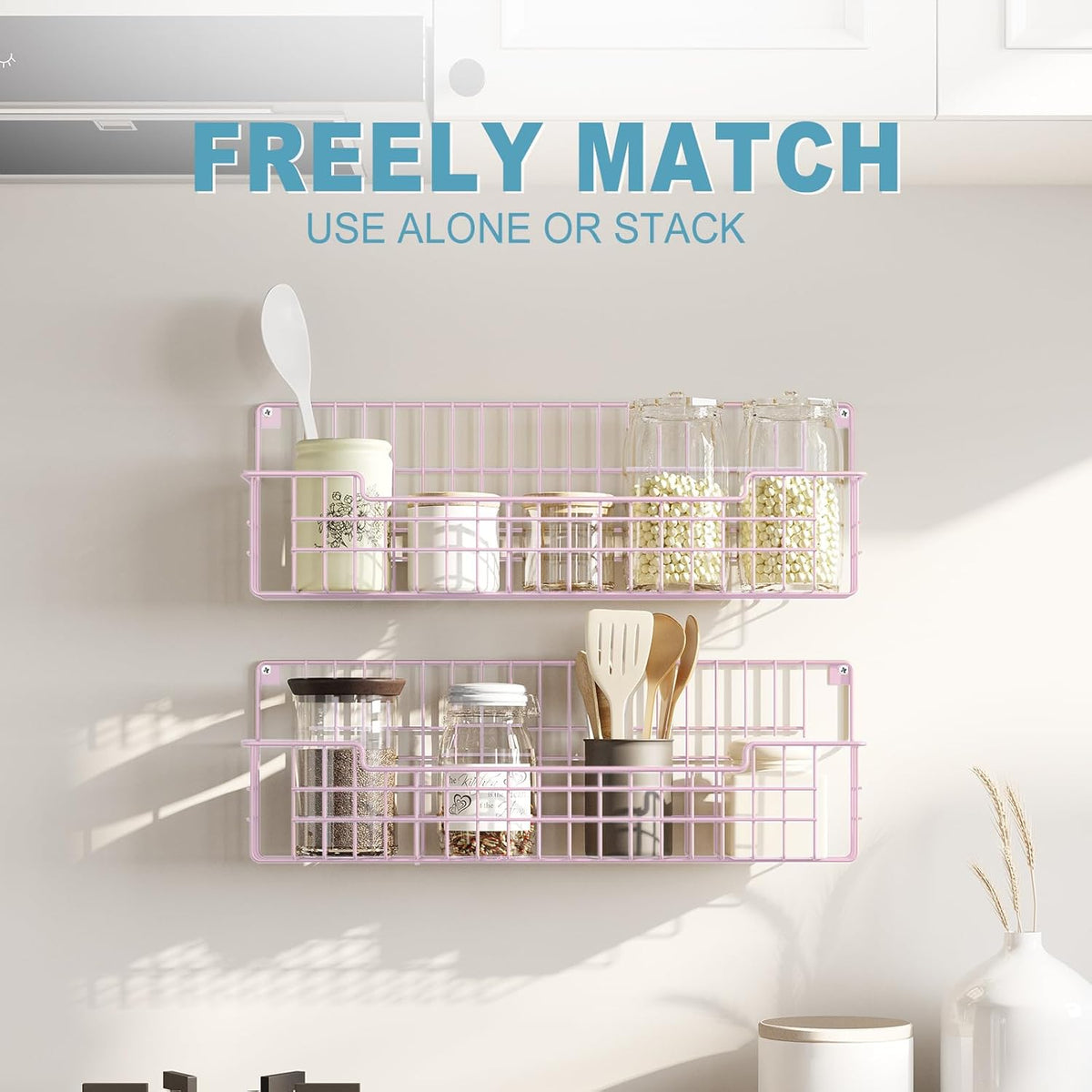 Spice Rack, 4-Pack Seasoning Organizer Wall Mounted for Kitchen Storage Organization, Metal Spice Holder Shelf for Cabinet, Pantry, Pink
