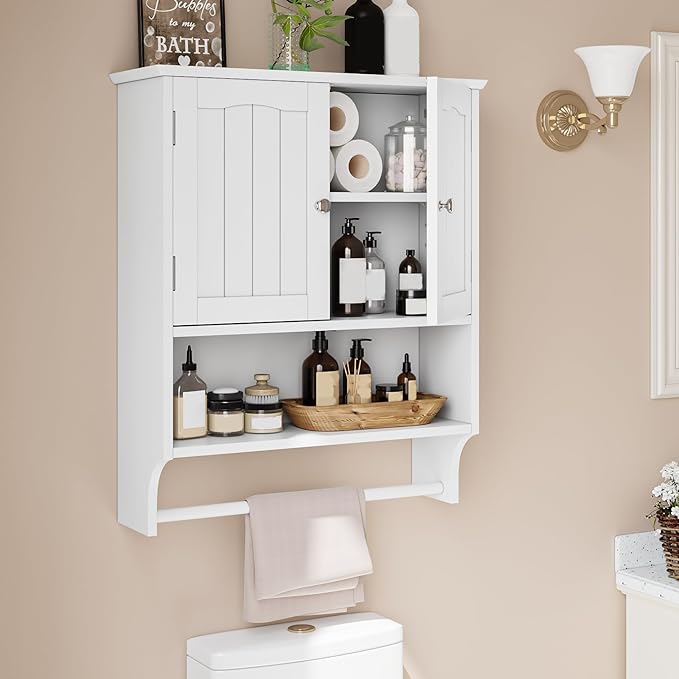Bathroom Cabinet, White Bathroom Wall Cabinet with 2 Doors and Adjustable Shelf, Wall Mount, Towel Rack, Over The Toilet Storage Cabinet, Medicine Cabinet
