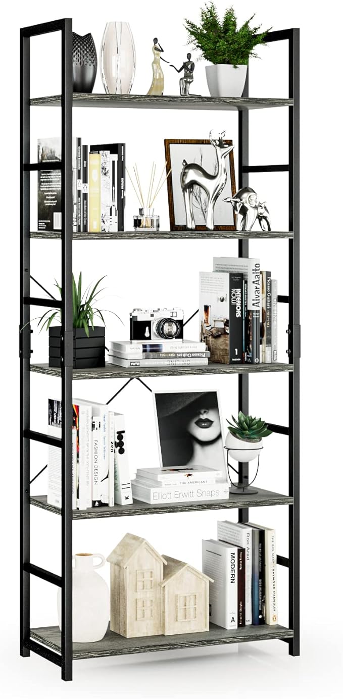 NUMENN 5 Tier Bookshelf, Tall Bookcase Shelf Storage Organizer, Modern Book Shelf for Bedroom, Living Room and Home Office, Dark Grey