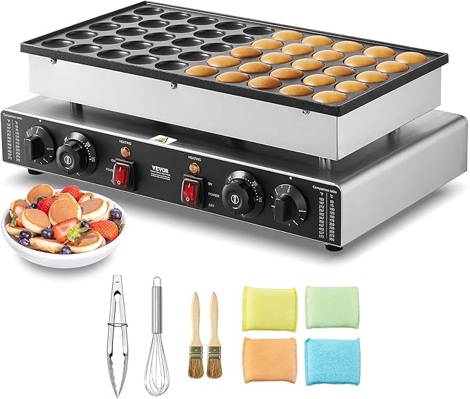 VEVOR 110V Mini Dutch Pancake Baker, 50PCS 1700W Commercial Electric Nonstick Waffle Maker Machine, 1.8 Inches Pancake Maker with 2 Thermostats & 2 Timers Separate Control, for Home and Restaurants