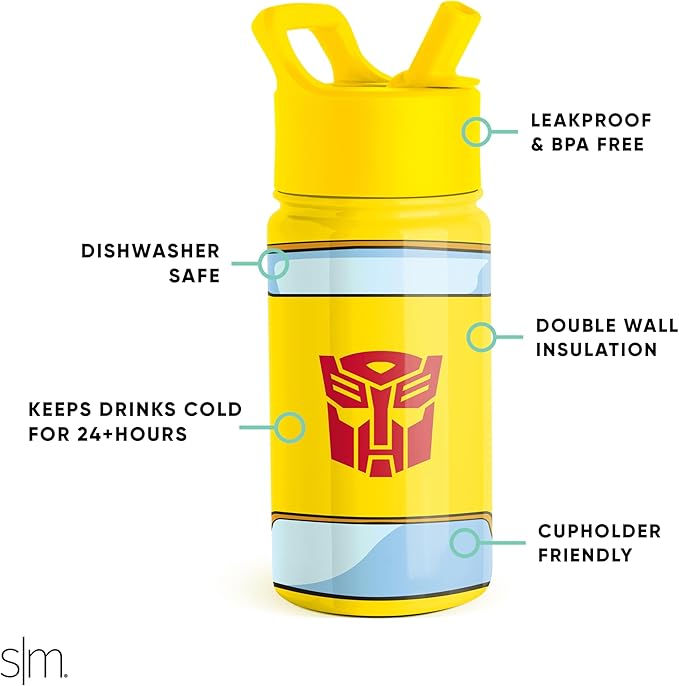 Simple Modern Kids Summit Water Bottle with Straw Lid | Transformers 14oz Stainless Steel Cup Insualted Tumbler for Toddlers, Boys, School | Transformer Bumble Bee