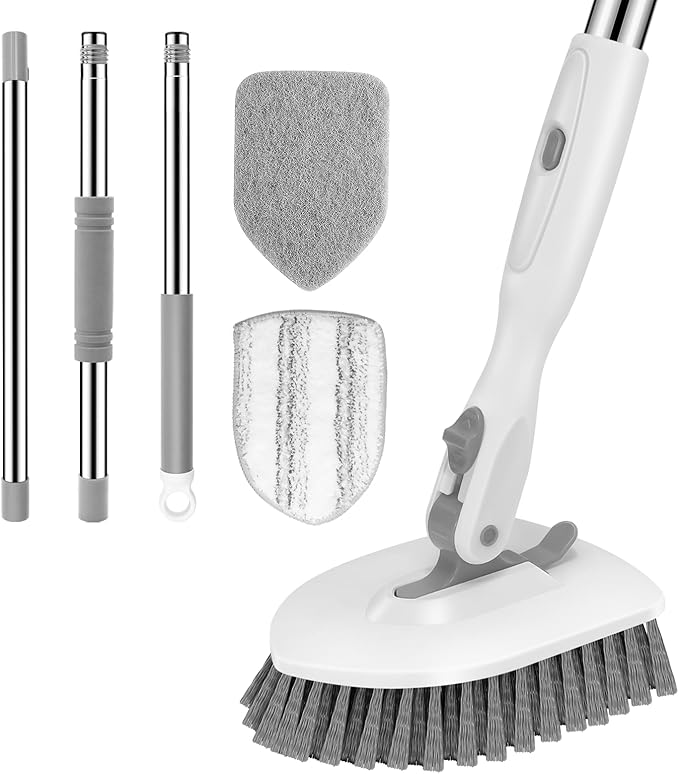 SetSail Floor Scrub Brush, 3-in-1 Tile Tub Floor Scrubber with 52-inch Adjustable Long Handle Shower Cleaner Brush and 3 Detachable Replacement Brush Heads for Cleaning Bathroom Tub Tile, White