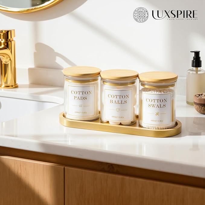 Luxspire Glass Qtip Holder with Vanity Tray, 3 Pack Cotton Swab Holder with Bamboo Lid, 13.4 oz Glass Apothecary Jars Bathroom Accessories Canisters for Cotton Swabs, Balls, Pads, Floss Picks