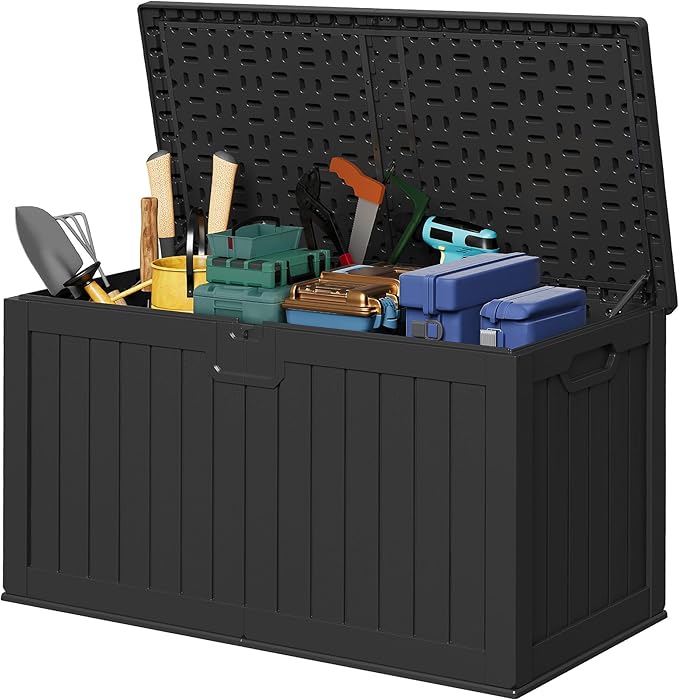 Devoko 240 Gallon Double-Wall Deck Box with Divider, Side Handles, Resin Outdoor Large Storage Box Waterproof and Lockable for Patio Furniture, Garden, Pool (Black)