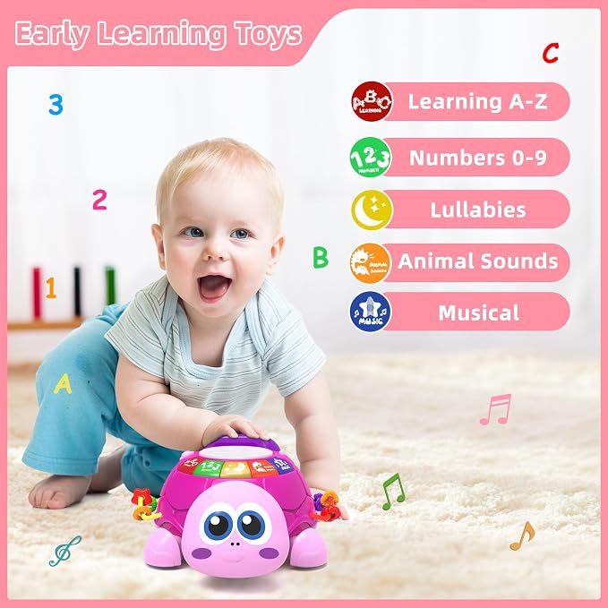 Hanayo Baby Musical Turtle Crawling Girl Toys for 6-18 Months，Infant Early Learning Educational Toy，Baby Girl Gift Essentials for Newborn 7 8 9 11+ Months 1-2 Year Old(Pink)