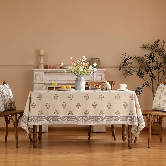 patdrea Designer Beige Tablecloth for Rectangle Table,Elegant Linen Floral Pattern French Table Cloth,Decor Cover Cloth for Kitchen Dining Christmas,Thanksgiving,Party,55"x79"-Istana a