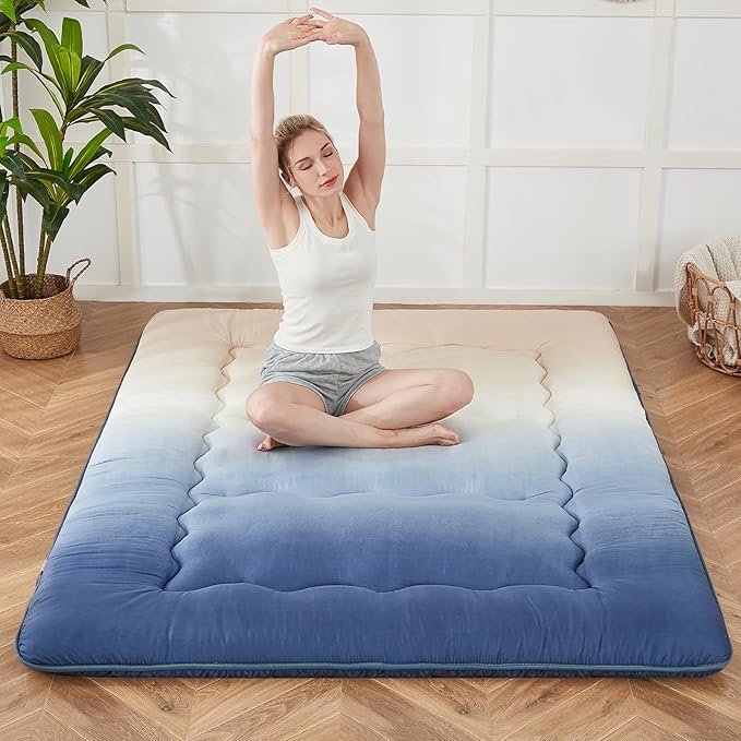 Japanese Floor Mattress, Futon Mattress with Portable Storage Bag and Washable Cover, Roll Up Thick Tatami Mat Suitable for Camping, Guest Room (Coastal Gradient, Twin)
