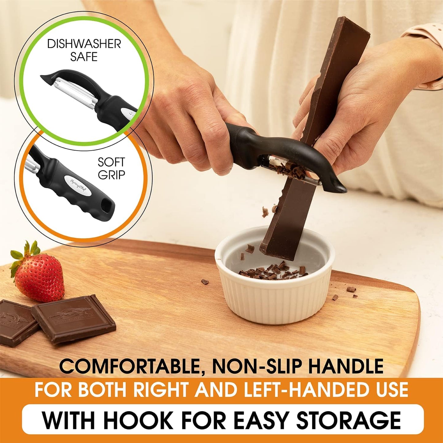 Spring Chef Premium Swivel Vegetable Peeler, Soft Grip Handle and Ultra Sharp Stainless Steel Blades - Perfect Kitchen Peeler For Veggie, Fruit, Potato, Carrot, Apple - Black - Set of 2