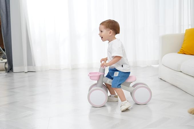 Kid's Balance Bikes for 1 Year Old Boys and Girls, 12-36 Months Toddler Ride-on with Adjustable Seat and a Front Basket, First Birthday Gifts (Pink)