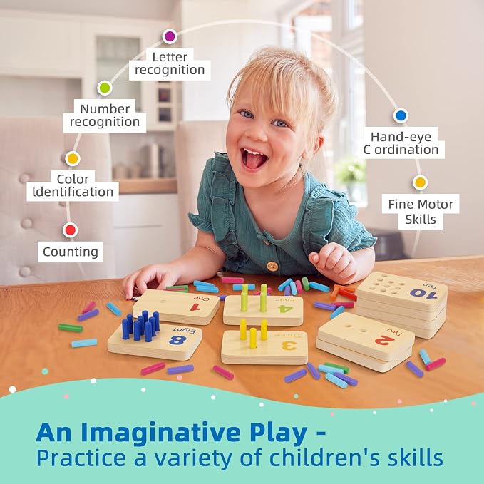 TOOKYLAND Peg Board Toddler Toys, Counting Wooden Toys with 55 Pegs, Wooden Math Manipulatives,Montessori Math and Numbers for Kids & Kindergarten Learning Activities
