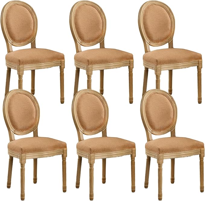 French Country Dining Chairs Set of 6,Farmhouse Upholstered Dining Room Chairs with Round Back and Solid Leg,Fabric Kitchen Side Chairs for Kitchen/Bedroom/Dining Room,Tan