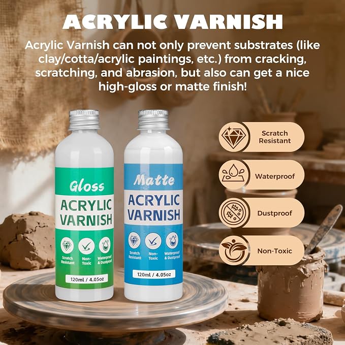 Sovol 480ml Air Dry Clay Glaze with 8 Brushes Silicone Tray, Gloss & Matte Clay Varnish to Avoid Clay Wear, Cracking, Scratches for Air Dry Clay, Polymer Clay, Resin Crete, Pottery, Acrylic Paint