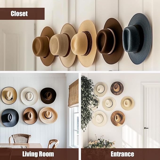 2.8 Inch Hat Hooks for Wall - (16 Pack) Cowboy Hat Rack, Strong Adhesive Cap Holder, Organizer for Baseball Caps, Western Room Decor - Black