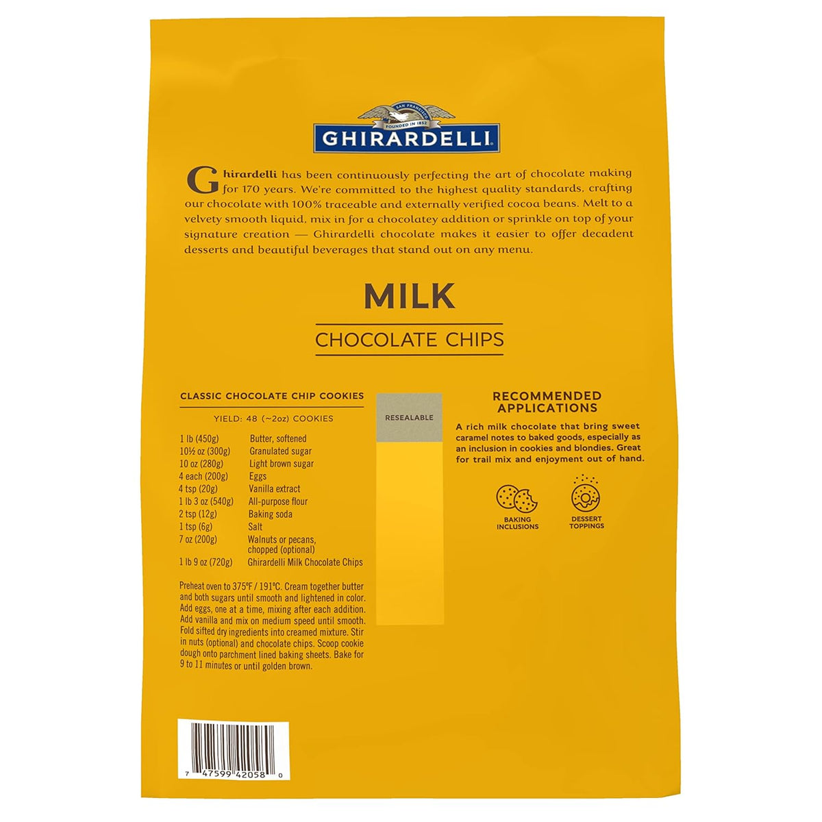 Ghirardelli Chocolate Company Milk Chocolate Chips 800 per lb, 5lb. Bag (Pack of 1)