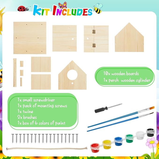 Liliful 16 Sets Wooden DIY Birdhouse Kit, Unfinished Bird Houses with Paints and Paintbrushes, Bird Feeder Craft Arts for Kids Ages 4-8, 8-12, Classroom Activity and Adults Wooden Craft Gifts