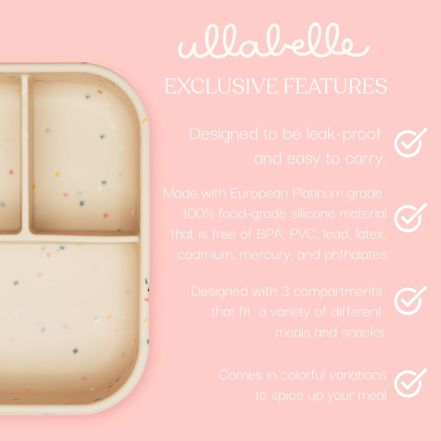 Ullabelle Leak Proof Bento Box Food-Grade Silicone Bento, BPA, Phthalate, Lead, & PVC Free - Bento Lunch Box for Daycare, Kids, & Adults - Leak Resistant Sets With Lids Snack Box Container (Pink)