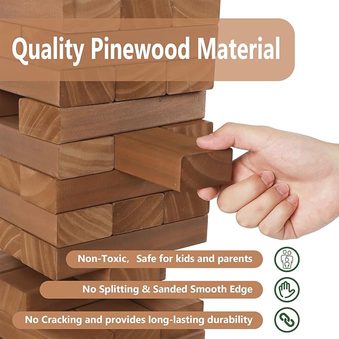 Juegoal 54 Piece Giant Tumble Tower Brown for Adult Kids Family, Wooden Block Stacking Game with Gameboard & Canvas Bag, Outdoor Games for Backyard Lawn Party Playing, 6.9 x 6.9 x 24 Inches,X-Large