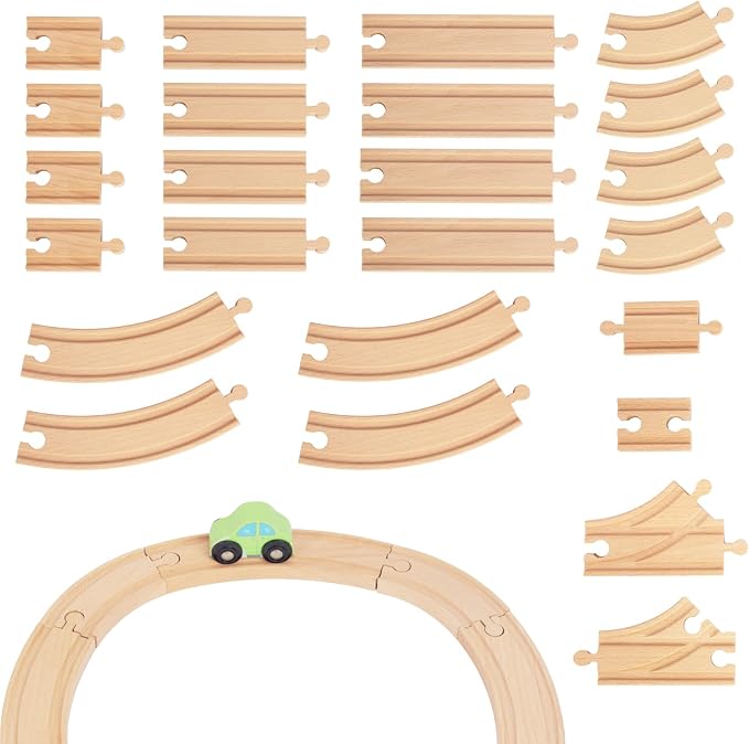 Wooden Train Tracks 24 Piece Set, Track Expansion and 9 Distinct Pieces - 100% Compatible with All Major Brands Including Thomas Wooden Railway System