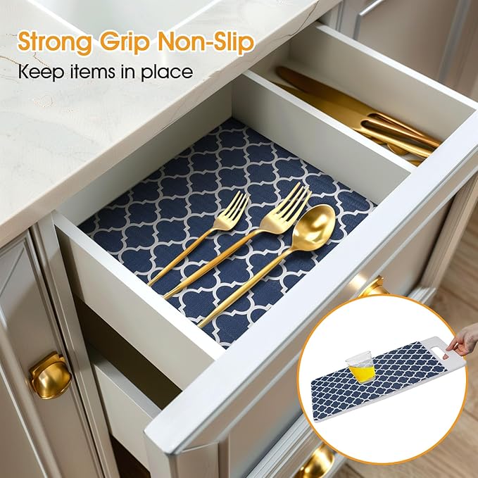 Shelf and Drawer Liner for Kitchen Cabinets Non-Adhesive, Strong Grip Non-Slip Thickened Cabinet Liners for Shelves, Waterproof Mats for Dresser Cupboard, Blue, 12 in x 10 Feet
