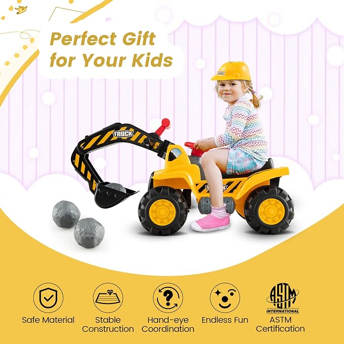 Costzon Kids Ride on Construction Excavator, Kids Digger Scooper Tractor Toy W/Safety Helmet, Rocks, Horn, Underneath Storage, Moving Forward/Backward, Push Car Gift for Boys Girls (Push Excavator)