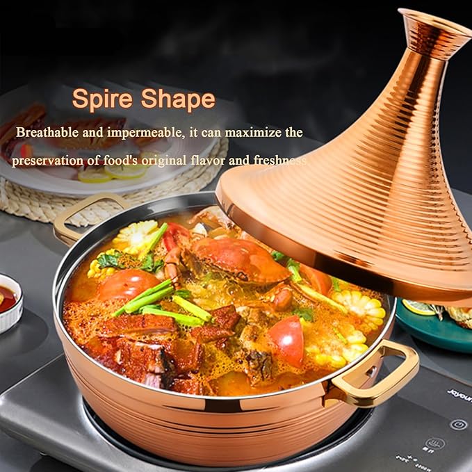 Stainless Steel Moroccan Tagine Pot, Large Moroccan Tajine Casserole with Cone-Shaped Lid, Non Stick Tagine Cooking Pot with 2 Handles(30cm/11.8in, Gold)