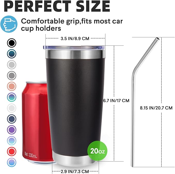 Volhoply 20oz Stainless Steel Tumbler with Lid and Straw Bulk 8 Pack,Double Wall Insulated Travel Iced Coffee Mug Fits Cup Holder,Powder Coated Cups for Hot/Cold Drinks,Christmas Gifts（Assorted,8 Set）