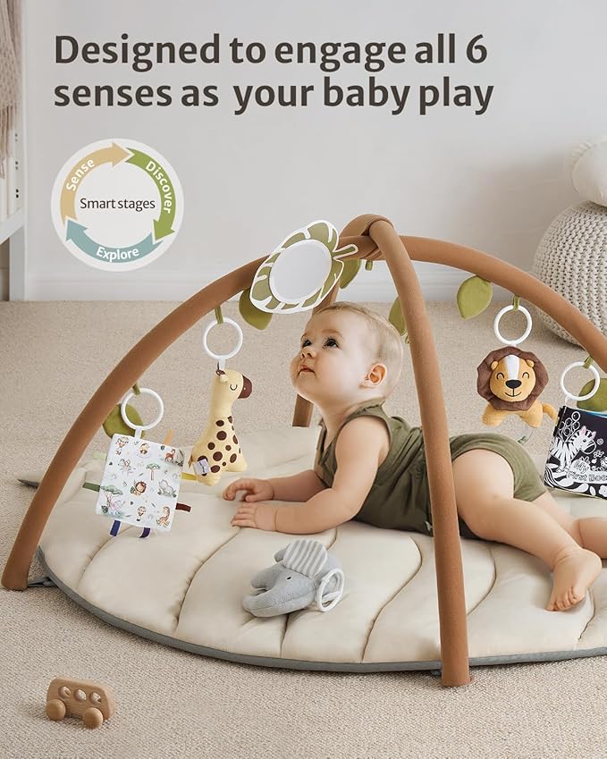 Blissful Diary Baby Play Gym & Activity Mat, Leaf Shaped Baby Tummy Time Play Mat with 6 Detachable Toys, Promotes Motor Skills & Sensory Development, Newborn Baby Essentials Gift, Oatmeal Beige