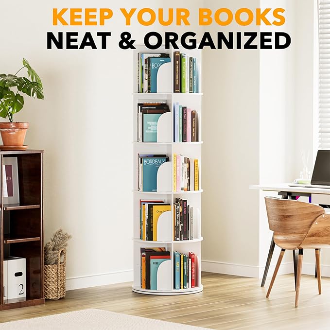SpaceAid 5 Tier Rotating Bookshelf Tower, Spinning Bookcase Lazy Susan, Revolving 360 Book Shelf Storage Round Carousel, Vertical Rotate Turning Spiral Corner Organizer, White
