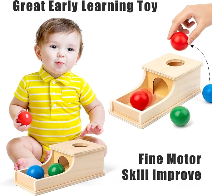 Busy edition Montessori Toys Object Permanence Box Soft Sound Wooden Baby Ball Drop Play for 6 Month 1 2 3 Year Old Toddlers Infant Early Age Toy (Red Green Blue)