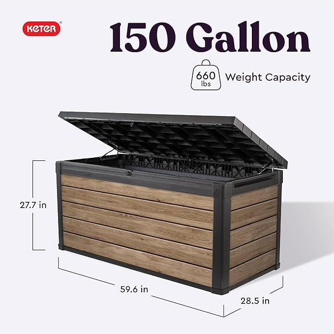 Keter Signature Collection 150 Gallon Resin Deck Box Organization and Storage Box for Patio Outdoor Cushions, Throw Pillows, Garden Tools and Pool Supplies, Ashwood