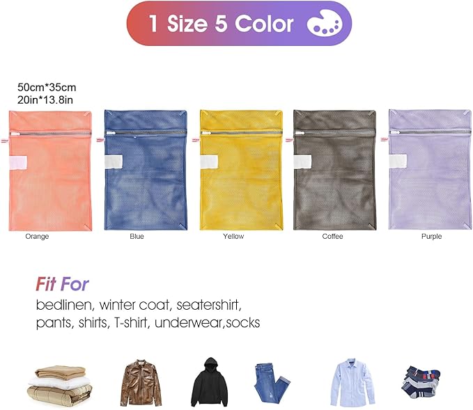 5-Pack Mesh Laundry Bags with ID Label, Sturdy Laundry Bags for Delicates, Hosiery, Underwear,Travel and Organize- 5 Color(14x20 Inch)