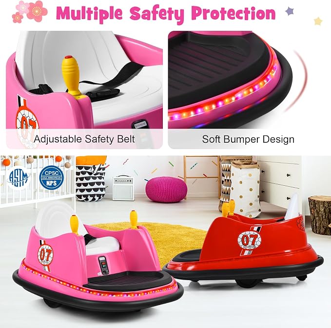 Costzon Bumper Car for Kids, 12V Electric Toddler Bumping Car with Remote Control, Dual Joysticks, 360 Spin, Music, Flashing Lights, Slow Star, Kids Bumper Car Ride on Toy for Boys Girls Gift (Pink)
