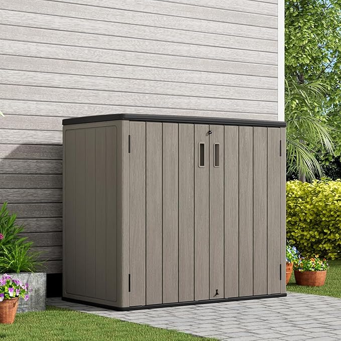 KINYING Outdoor Horizontal Storage Sheds,Outdoor Storage Cabinet Waterproof Resin Tool Storage Box for Lawn Mower,Garden Tools and Patio Furniture, Lockable (Brown)