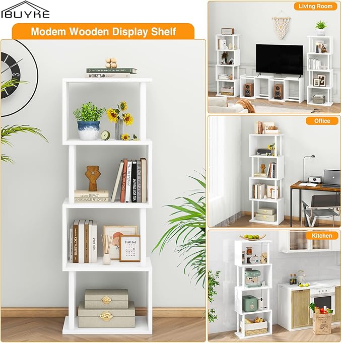 IBUYKE 5-Tier Tall Bookshelf,S-Shaped Geometric Bookcase, Wood Display Shelves with Storage,Modern Bookshelf for Living Room Bedroom, Home Office, White WBC015W