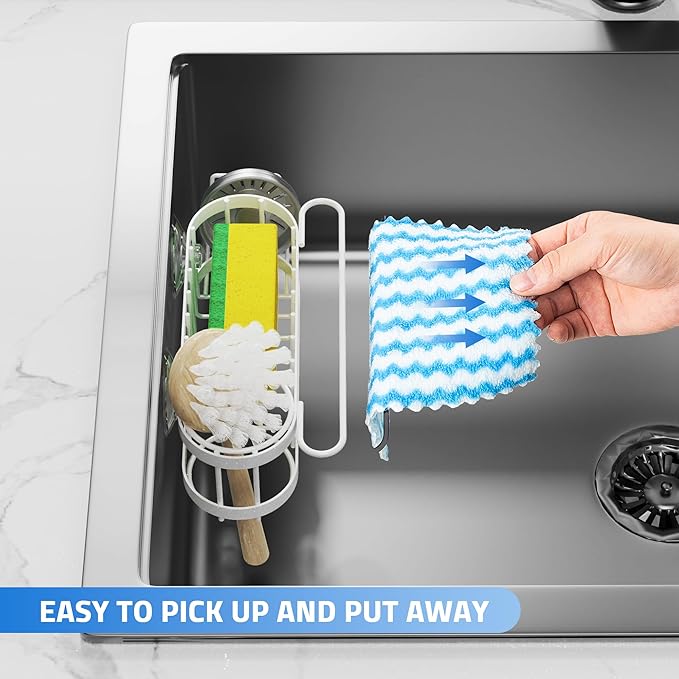 Cisily Kitchen Sink Caddy Sponge Holder in The Sink, Stainless Steel Kitchen Sink Organizer, Brush Holder, Dish Cloth Hanger, Sink Stopper Holder with Suction & Adhesives Installation Ways (White