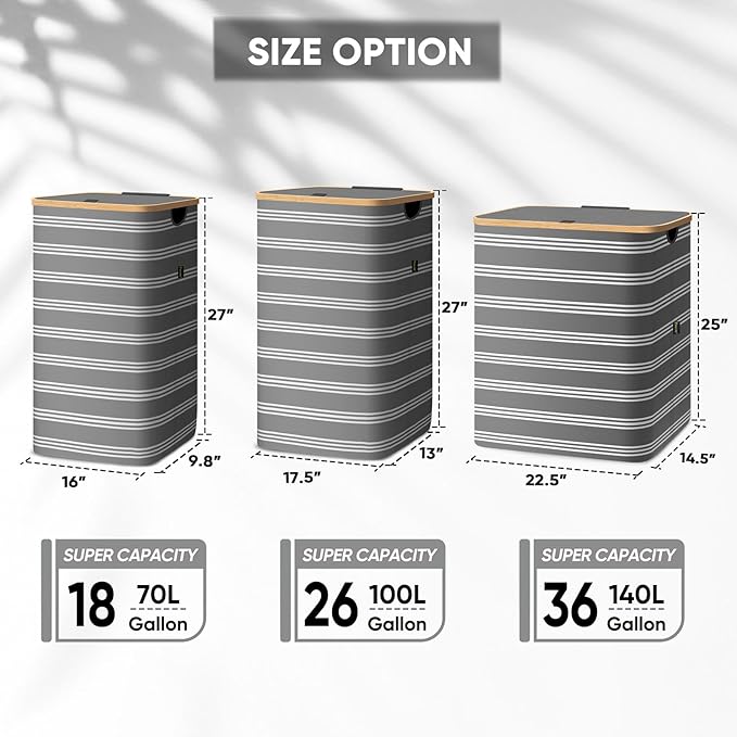 BALEINE Laundry Hamper with Lid, Tall Laundry Baskets with Bamboo Pull Handles, Large Laundry Bin with Internal Support (18 Gal/70L, Grey Pinstripe)