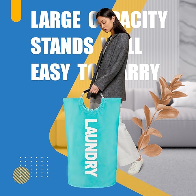 Caroeas 100L Laundry Basket,Large Laundry Hamper, Laundry Bag with Padded Handles, Clothes Hamper Stands Up Well, Collapsible Free Standing Easy Storage Washing Bin (Light Blue,100L)