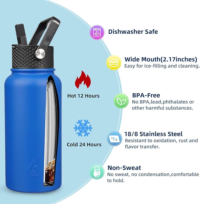 BJPKPK Insulated Water Bottles with Straw Lid, 27oz Stainless Steel Water Bottle with 3 Lids, Leak Proof BPA Free Metal Thermo, Mugs, Tumblers, Keep Cold Hot -Sapphire