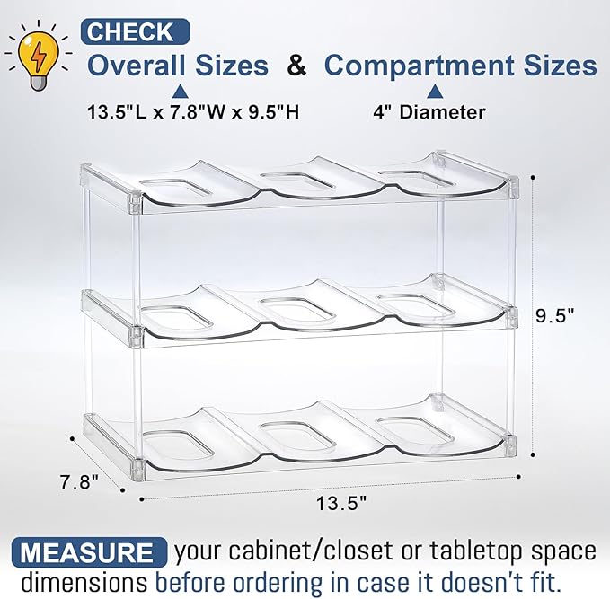 LARGER Compartment - Stackable Water Bottle Organizer Holder - for Stanley & Others' Large Tumbler - Clear Wine Rack, Cup Bottle Holder for Cabinet Home Countertop Fridge Pantry Shelf, 3 Tier Hold 9