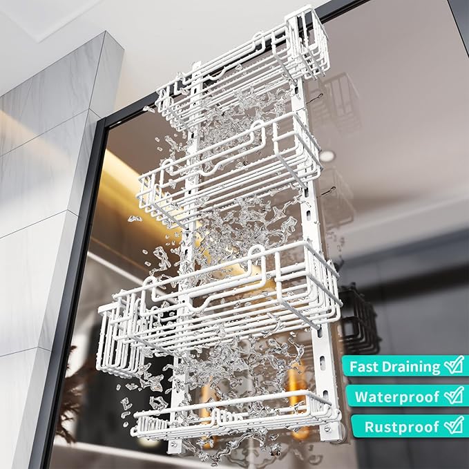 HapiRm 4 Tier Over the Door Shower Caddy, Hanging Shower Caddy with 22 Hooks and 2 Toothbrush Holders, No Drilling Adjustable Hanging Bathroom Organizer - White