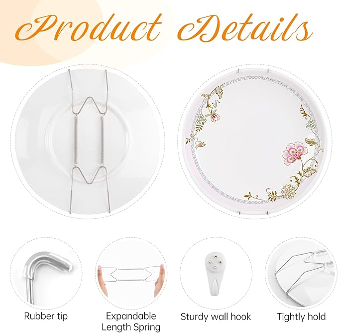Bilillo 20 Pieces Stainless Steel Spring Plate Hangers for The Wall, 4/6/8/10 Inch Invisible Wire Holders with 20 Pcs Wall Hooks, Fit 4-11 Inch Decorative Plates, Platters & Dishes (Silver)