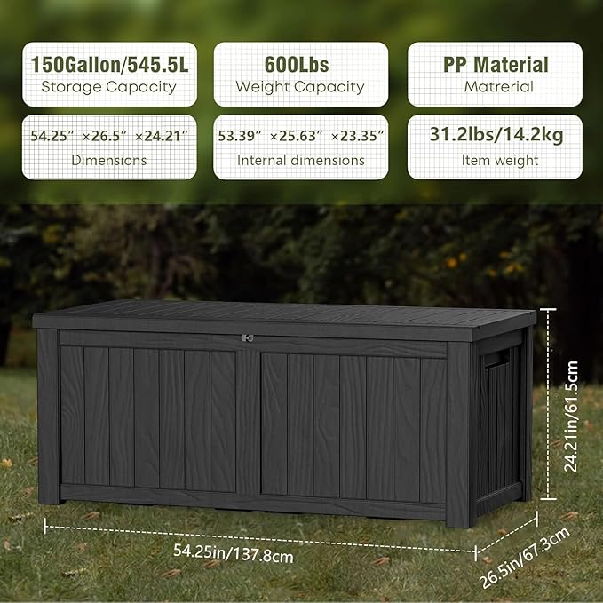 Outdoor Storage Box, 150 Gallon Resin Deck Box Waterproof for Patio Furniture, Garden Tools and Pool Accessories, Lockable UV-Resistant Storage Bin Bench Cabinet for Outside, Black