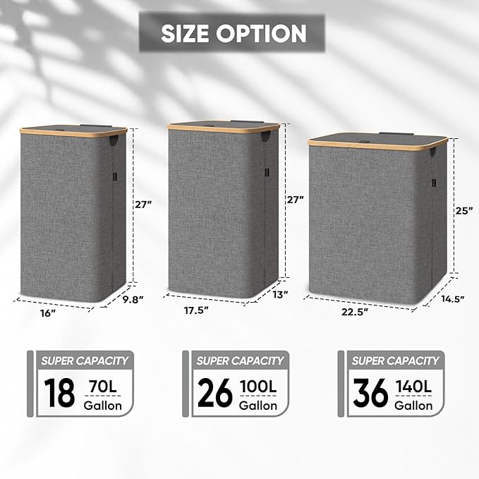 BALEINE Laundry Hamper with Lid, Tall Laundry Baskets with Bamboo Pull Handles, Large Laundry Bin with Internal Support (36 Gal/140L, Grey)