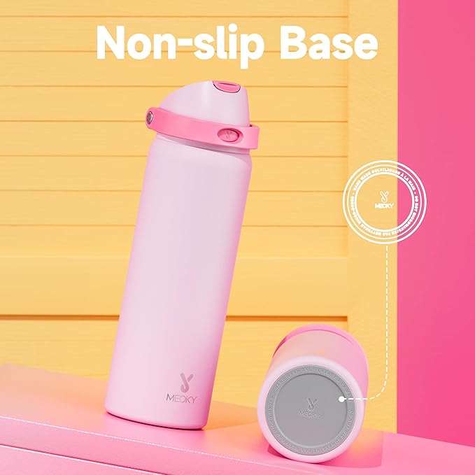 32 oz Insulated Water Bottle for Sports: Meoky Stainless Steel Water Bottle with 2-in-1 Straw and Spout Lid - Leak Proof, Cold for 24 Hours, Protective Silicone Base, BPA-Free for Women Gym, Blush