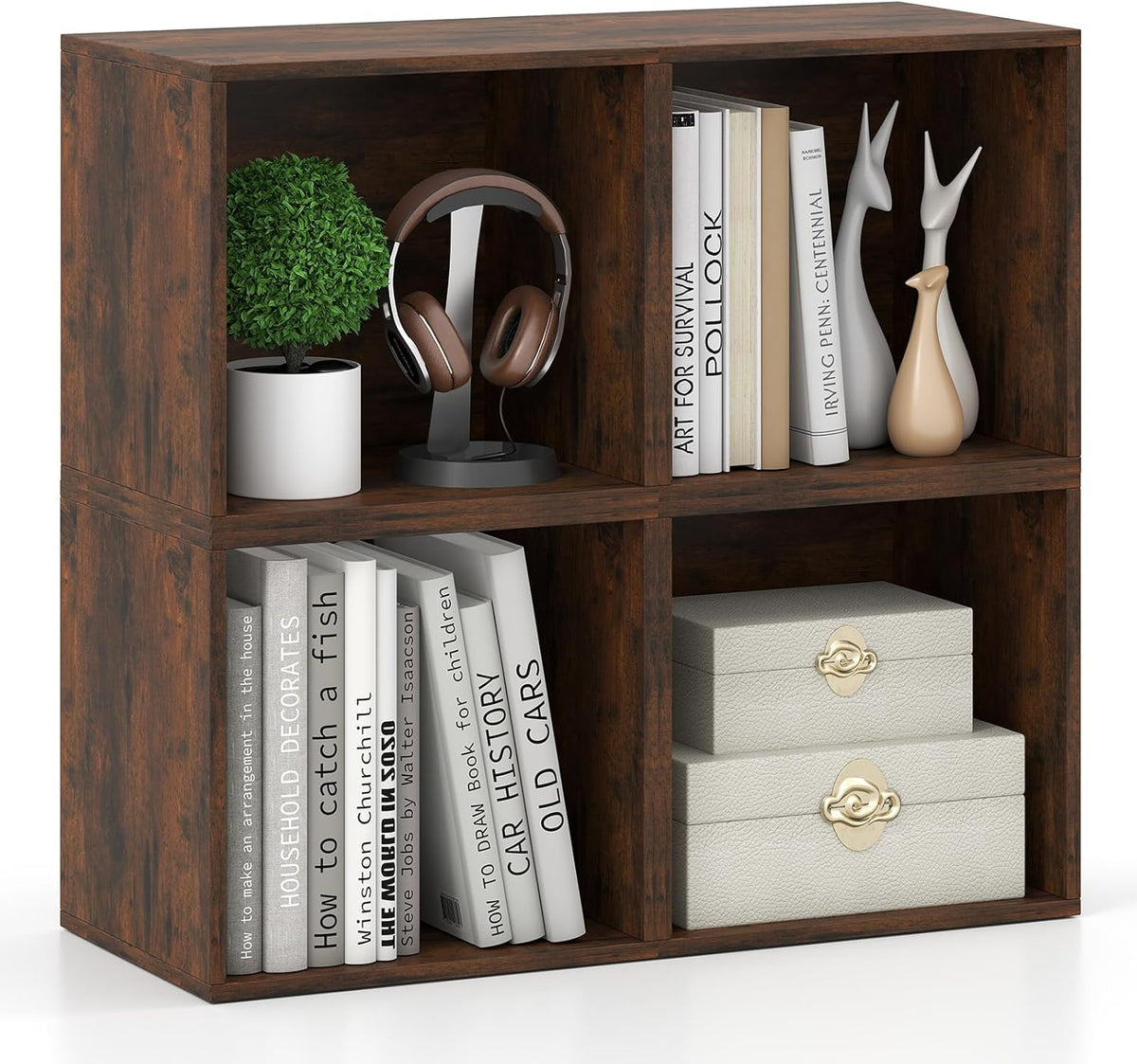 Giantex 4-Cube Bookcase, Stackable Cube Storage Organizer w/Open Bookshelf, Wooden Display Shelving Unit for Small Space, DIY Modular Cubby Storage System for Home, Study, Rustic Brown