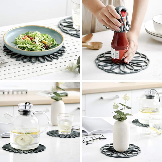 Set of 3 Silicone Trivet Mat - Hot Pot Holder Hot Pads for Table & Countertop - Trivet for Hot Dishes - Non-Slip & Heat Resistant Modern Kitchen Hot Pads for Pots & Pans, Dark Green